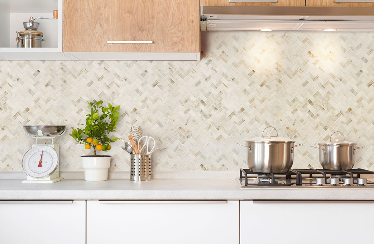 Arabescato Venato White Herringbone Tile