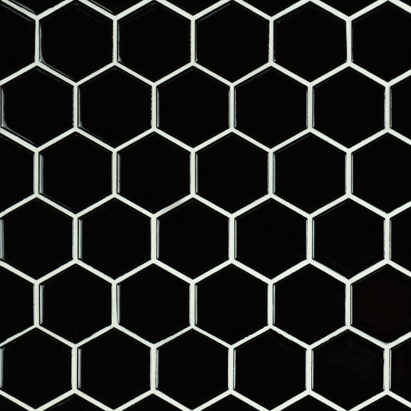 Black Glossy 2” Hexagon Mosaic Tile